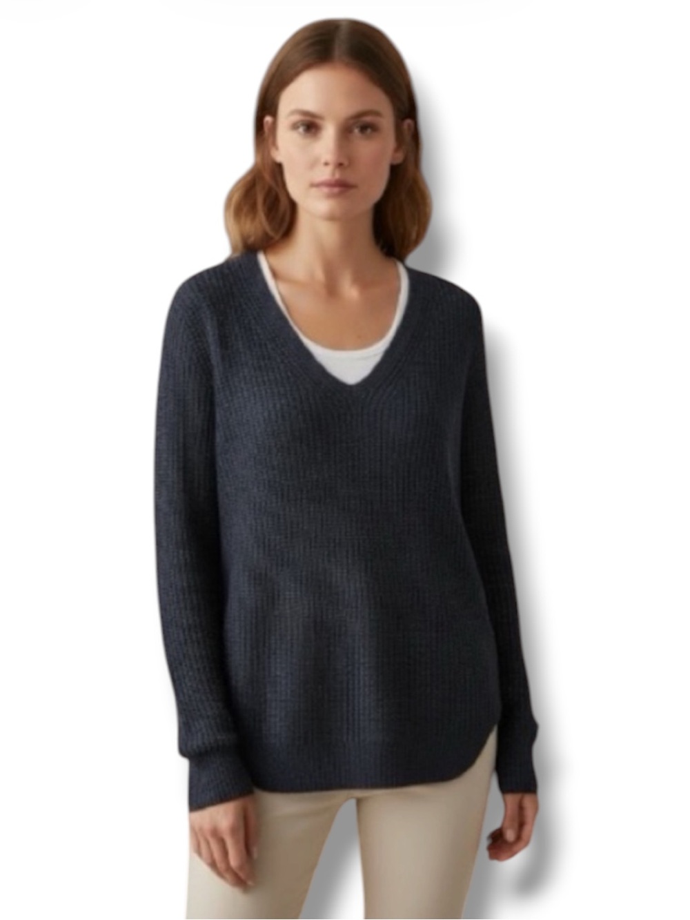 RD Style Josslyn V-Neck Knit Sweater Navy Blue Gray Round Hem Size M